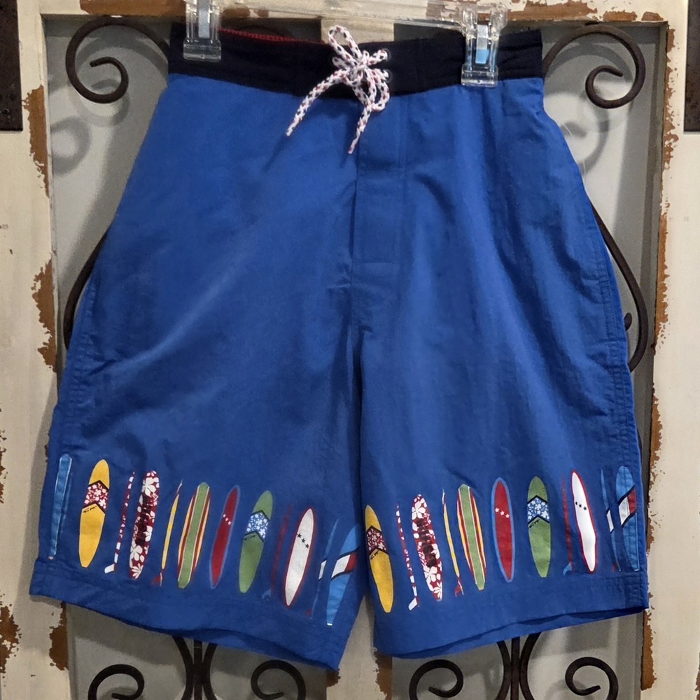 Vtg Tommy Hilfiger Men's M Classic Mesh Y2K Swim Trunks Blue Surfboard Print